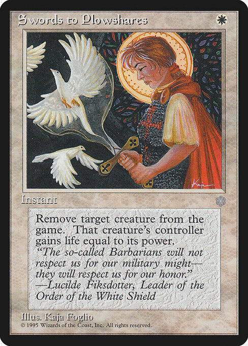 Swords to Plowshares from Ice Age (1995, #54, by Kaja Foglio). Second-ever printing, dramatic snowy landscape palette.
