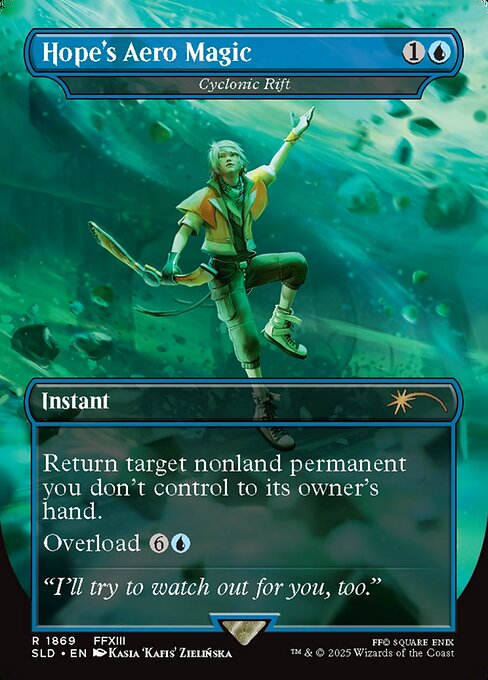 Cyclonic Rift from Secret Lair Drop (2025, #1869, by Kasia 'Kafis' Zielińska). Secret Lair Drop Kasia Zielińska — distinctive borderless alt-art