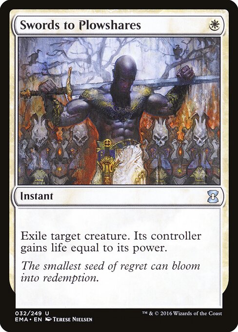 Swords to Plowshares from Eternal Masters (2016, #32, by Terese Nielsen). Modern-frame redraw of the Alpha composition.