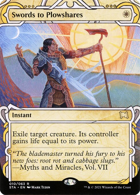 Swords to Plowshares from Strixhaven Mystical Archive (2021, #10, by Mark Tedin). Mystical Archive alternate frame, softer painterly style.