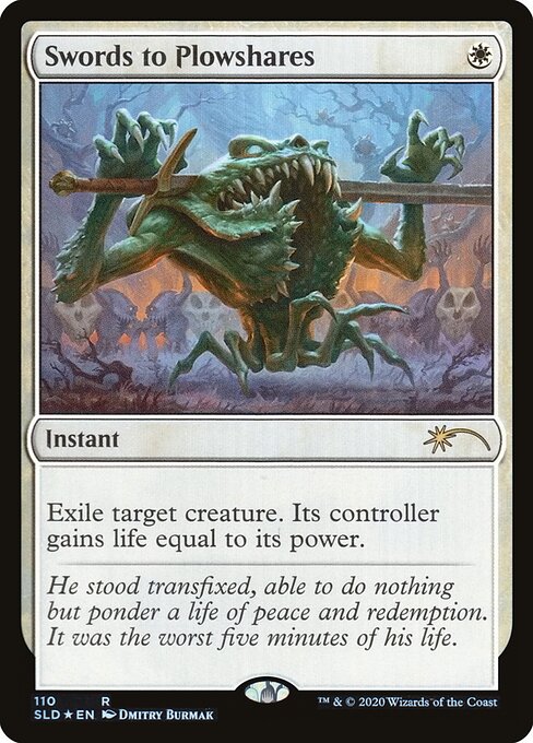 Swords to Plowshares from Secret Lair Drop (2020, #110, by Dmitry Burmak). Showcase frame, moody color palette.